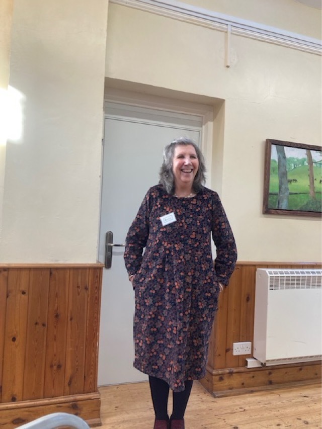 Evelyn wearing a dress she has made